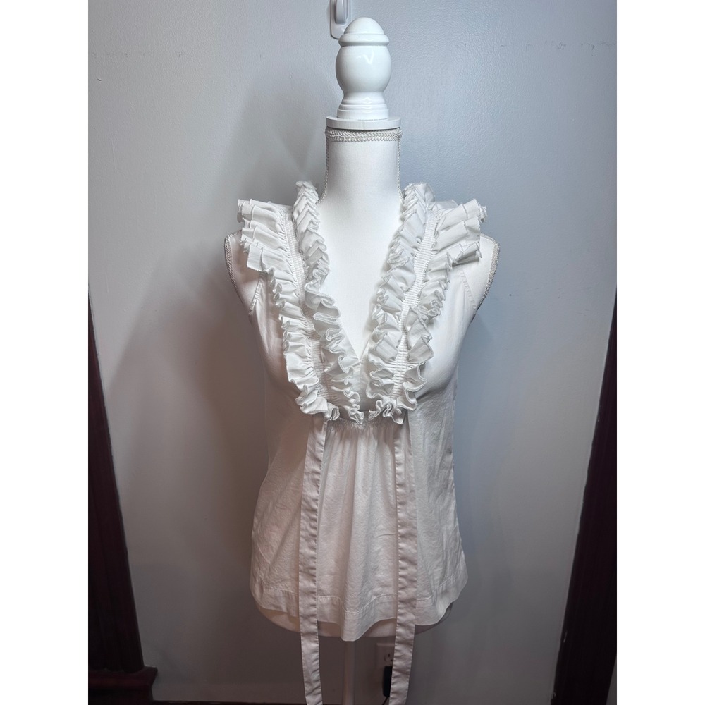 BCBGMAXAZRIA White Ruffle V-Neck Sleeveless Tie Waist Top XXS